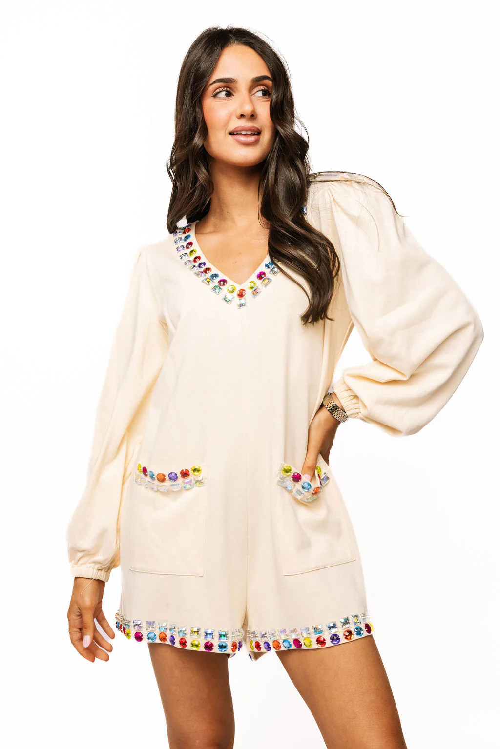 Sample Ivory Jewel Trim V Neck Balloon Sleeve Romper | Queen of Sparkles
