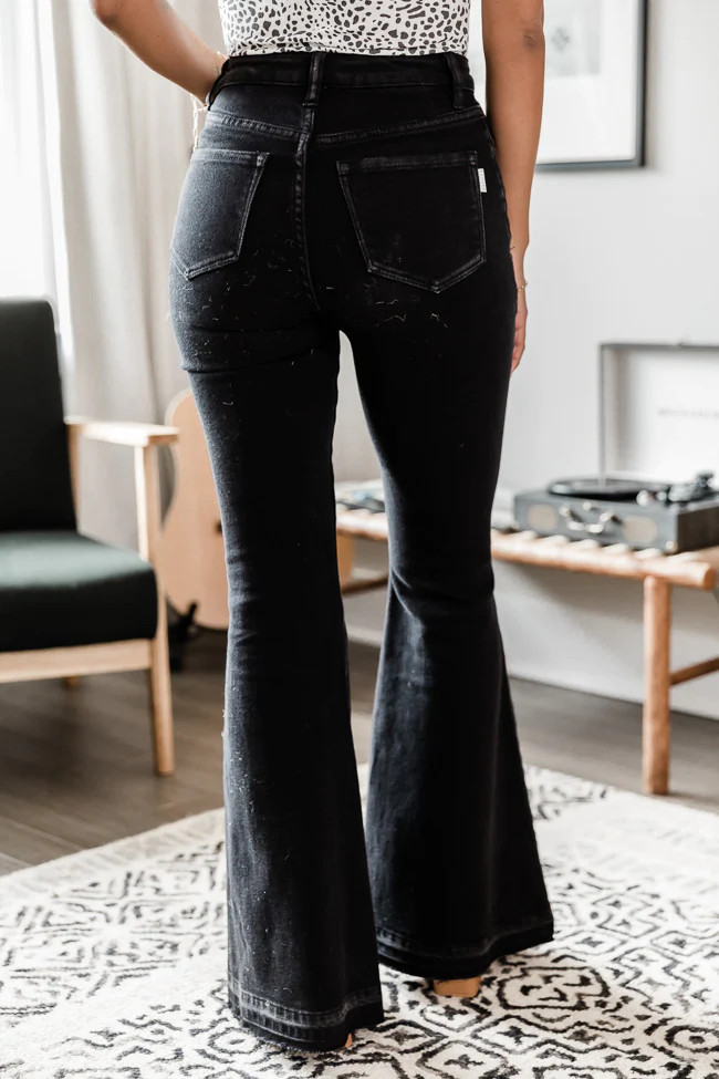 Camille Black Frayed Hem Flare Jeans | Pink Lily