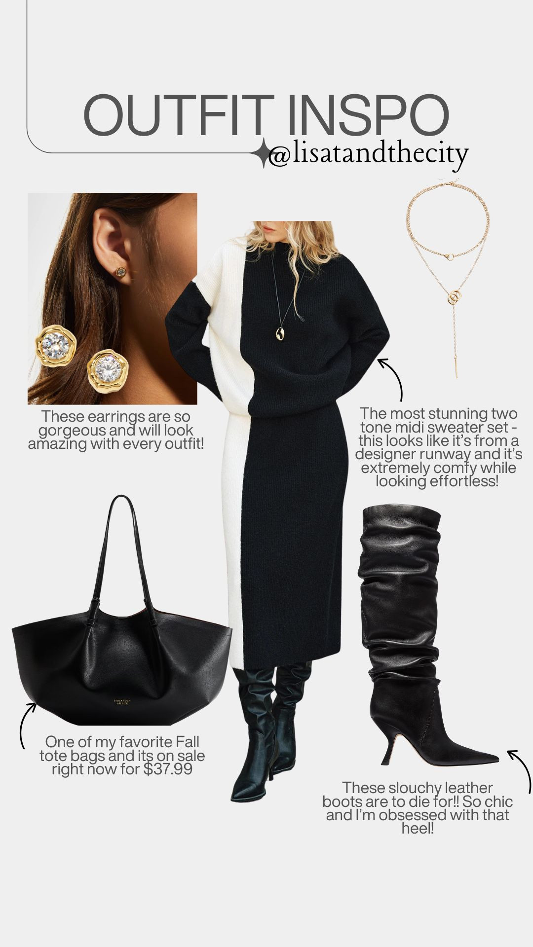🖤 Effortlessly Chic Fall Look 🖤
This two-tone midi sweater set is giving designer runway vibes but at a fraction of the price! I styled it with slouchy black leather boots, my favorite fall tote bag (on sale for $37.99!), and classic gold statement jewelry for the perfect elevated minimalist outfit.

Whether you’re heading to brunch, work, or date night, this look transitions seamlessly from day to night — and it’s so comfy yet polished. 

 #ltkfashion #ltktrending #ltkwomen #ltkstyleinspo #ltkitlist #ltkeverydaystyle #falloutfitideas #fallfashion2025 #sweatersetstyle #chicandaffordable #quietluxurylook #blackandwhitelook #fallstyleinspo #outfitinspo #lisatandthecity #ltkfallfashion #ltkunder50 

#LTKSeasonal #LTKSaleAlert #LTKStyleTip
