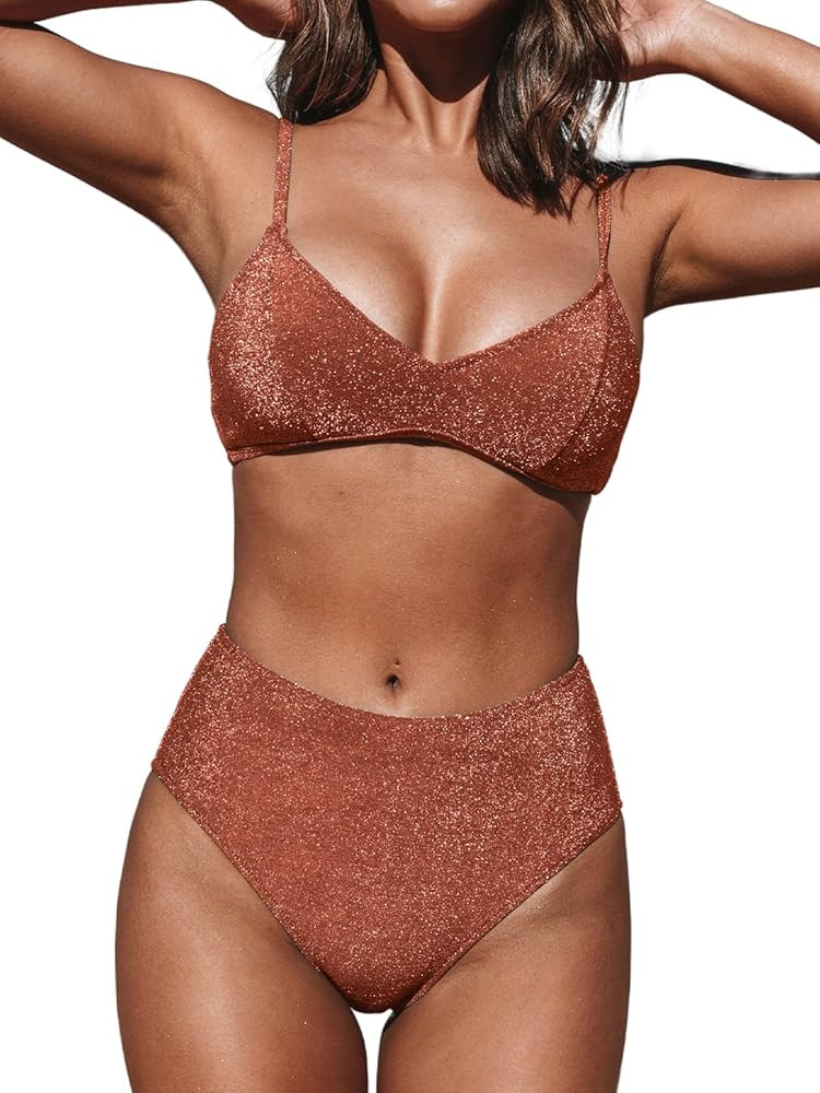 CUPSHE Bikini Sets for Woman Two Piece Swimsuits High Waisted Adjustable Straps Back Hook V Neck | Amazon (US)