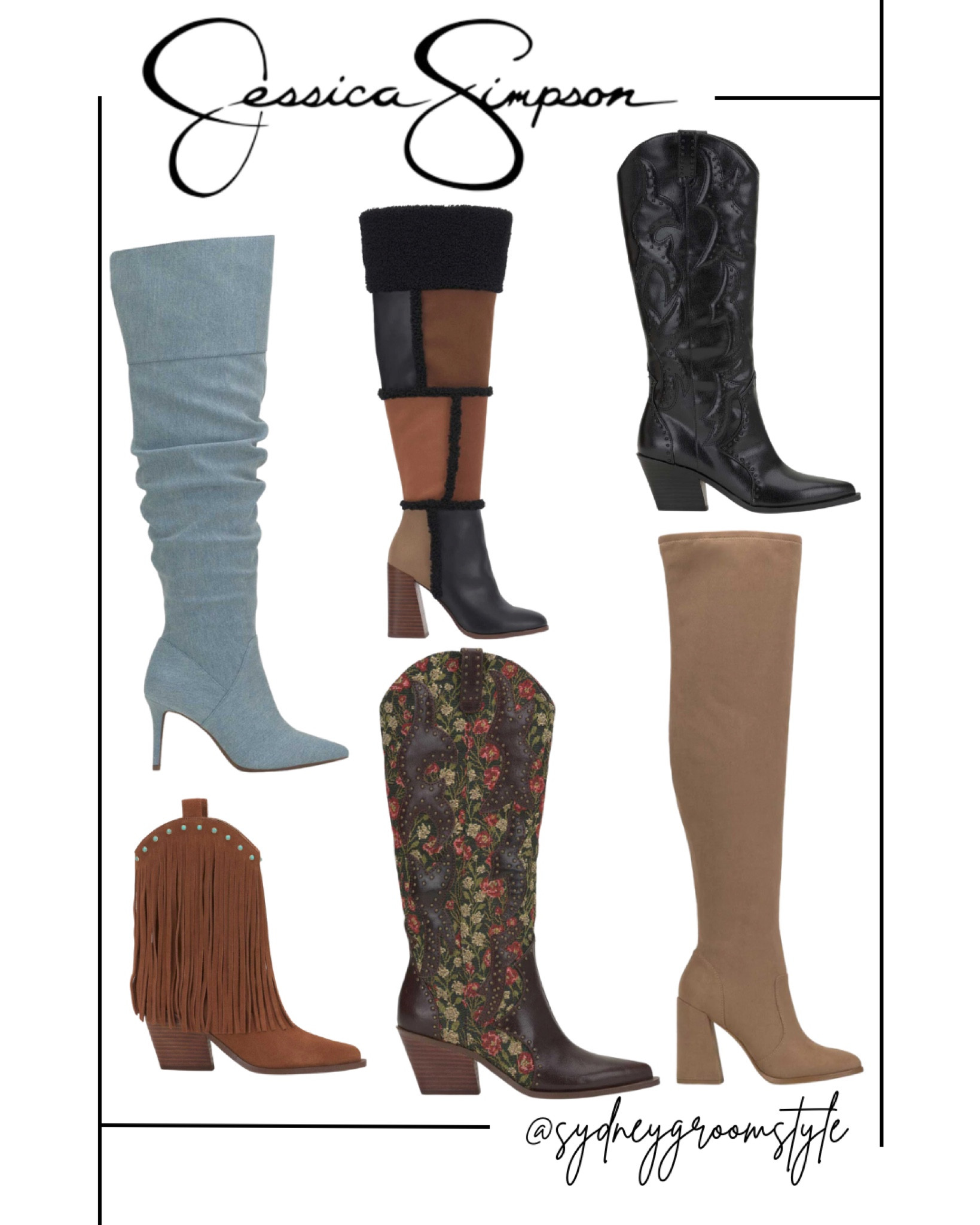 Jessica Simpson, knee-high boots thigh high bootie boot cowgirl denim, suede, embroidered fringe, western fashion, Texas, cowboy

#LTKSeasonal #LTKshoecrush #LTKfindsunder100