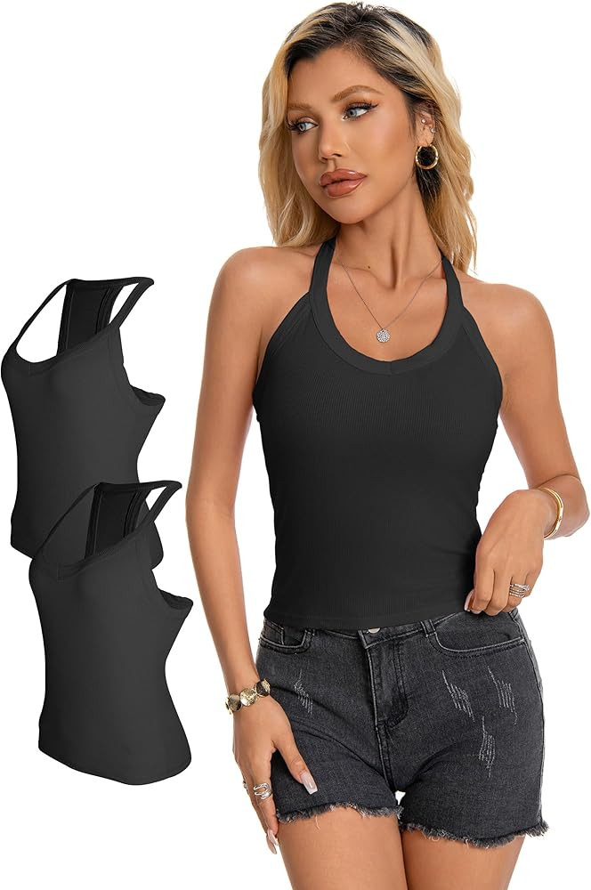 Womens Racerback Tank Tops - Cami Ribbed Basic Camisole V Neck Casual Trendy Slim Fit Sleeveless ... | Amazon (US)