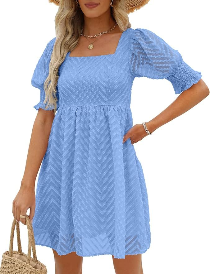 WEESO Womens Summer Puff Sleeve Square Neck Empire Waist Babydoll Dresses XXS-2XL | Amazon (US)