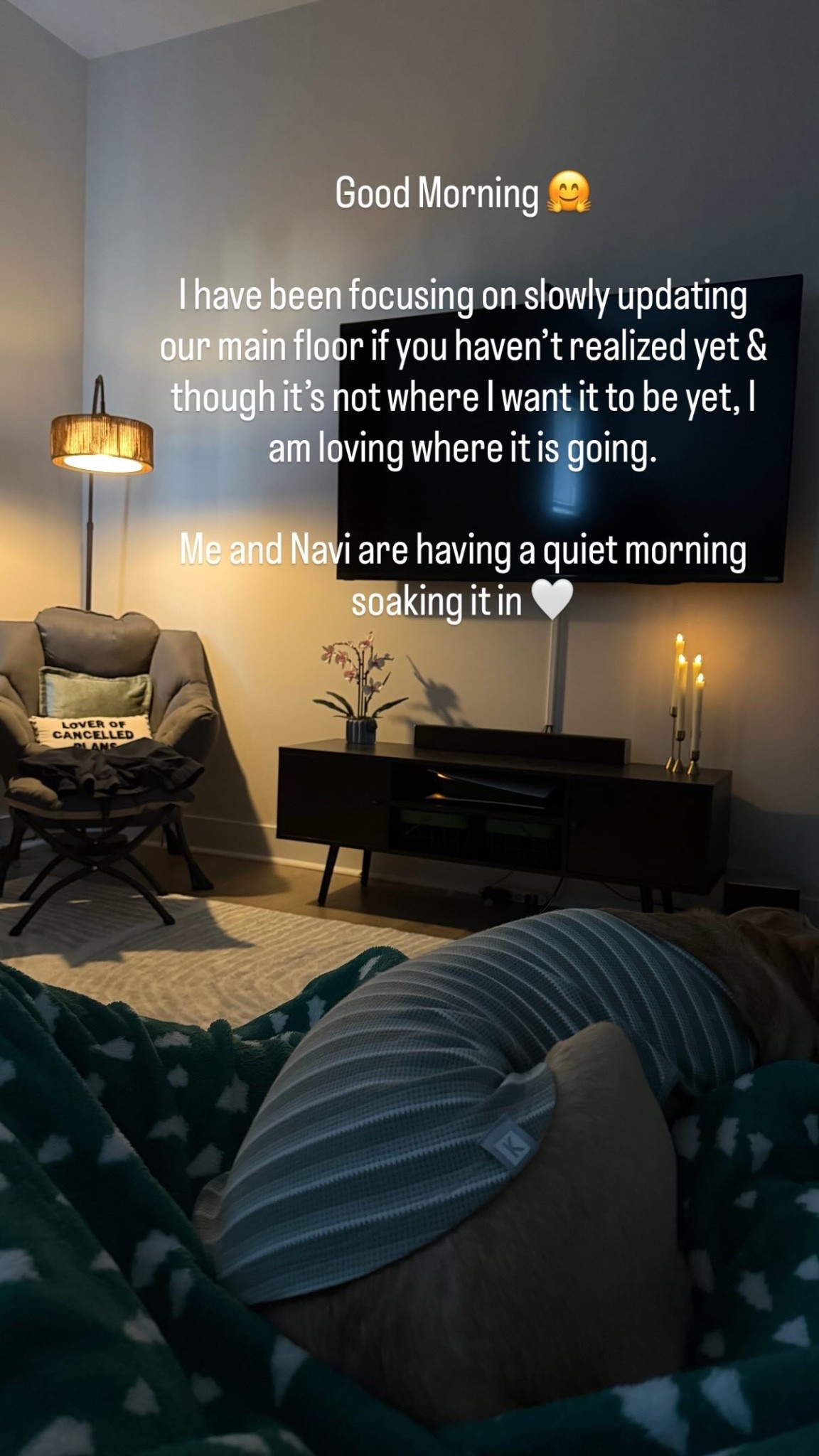 Good Morning 🤗

I have been focusing on slowly updating our main floor if you haven’t realized yet & though it’s not where I want it to be yet, I am loving where it is going.

Me and Navi are having a quiet morning soaking it in 🤍