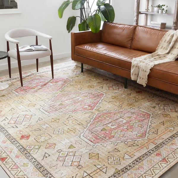 Alexander Home Leanne Aztec Distressed Printed Area Rug - 7'6" x 9'6" - Gold/Blush | Bed Bath & Beyond