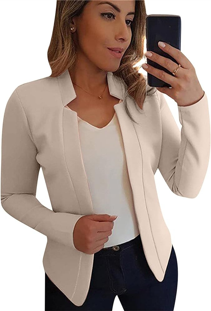 FLITAY Womens Long Sleeve Solid Color Blazer Open Front Loose Work Blazer Jacket | Amazon (US)