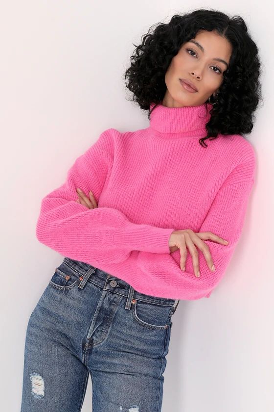 Wishing for Winter Hot Pink Ribbed Cropped Turtleneck Sweater | Lulus (US)