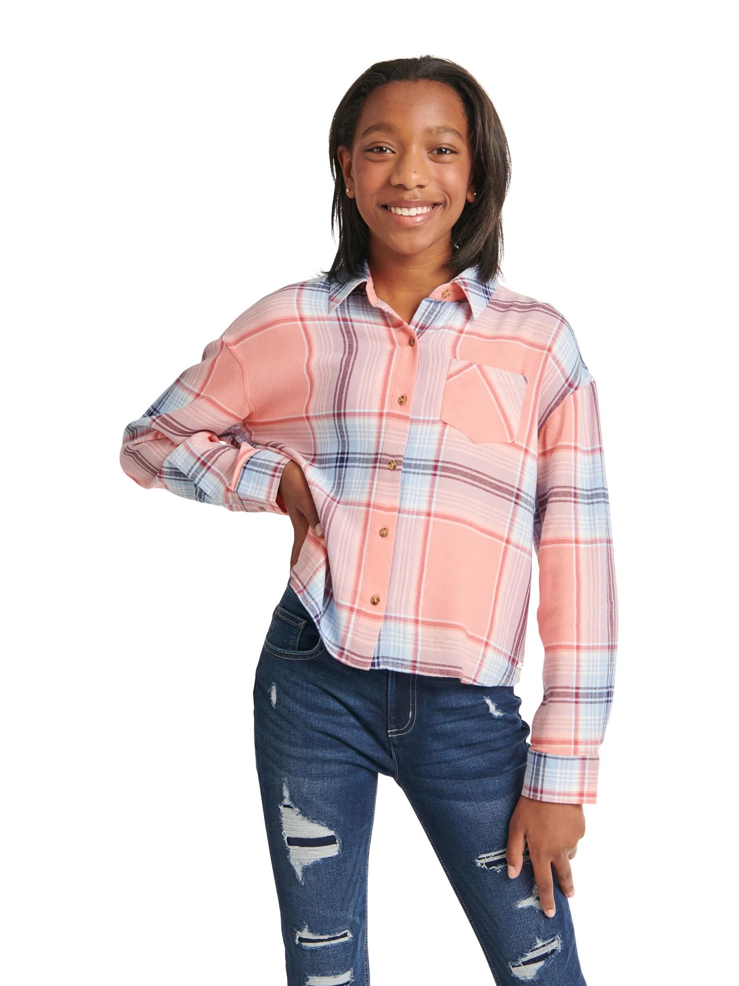 Justice Girls Long Sleeve Plaid Top, Sizes XS- XLP | Walmart (US)