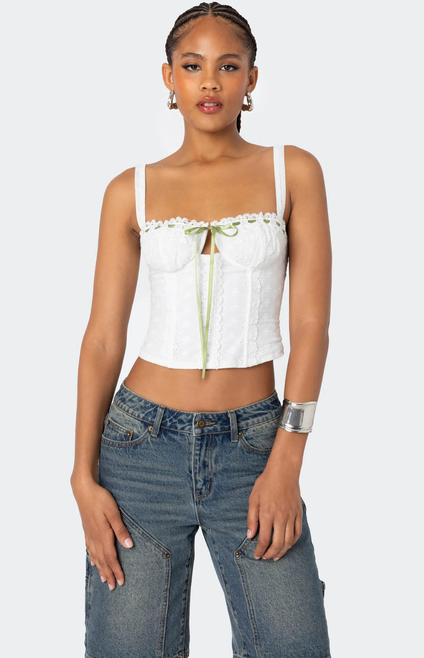 Edikted Women's Garden Girl Ribbon Eyelet Corset in White - Size Medium | PacSun