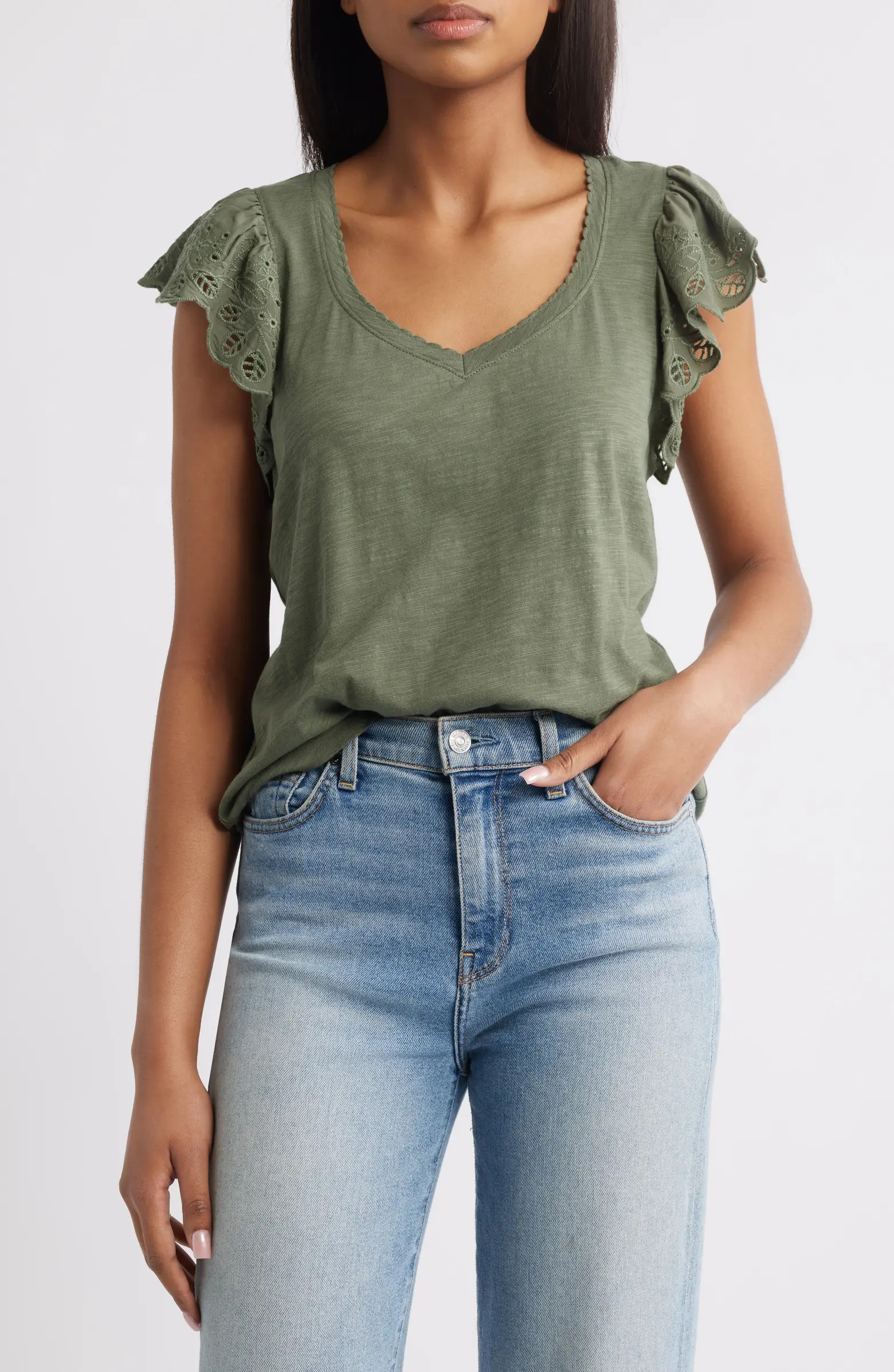 Wit & Wisdom Eyelet Flutter Sleeve Jersey T-Shirt | Nordstrom | Nordstrom