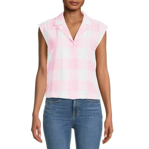 Time and Tru Women's Button Down Gingham Top - Walmart.com | Walmart (US)
