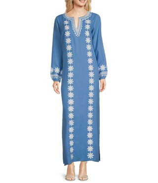 Woven Embroidered Split V-Neck Long Sleeve Caftan Dress | Dillard's