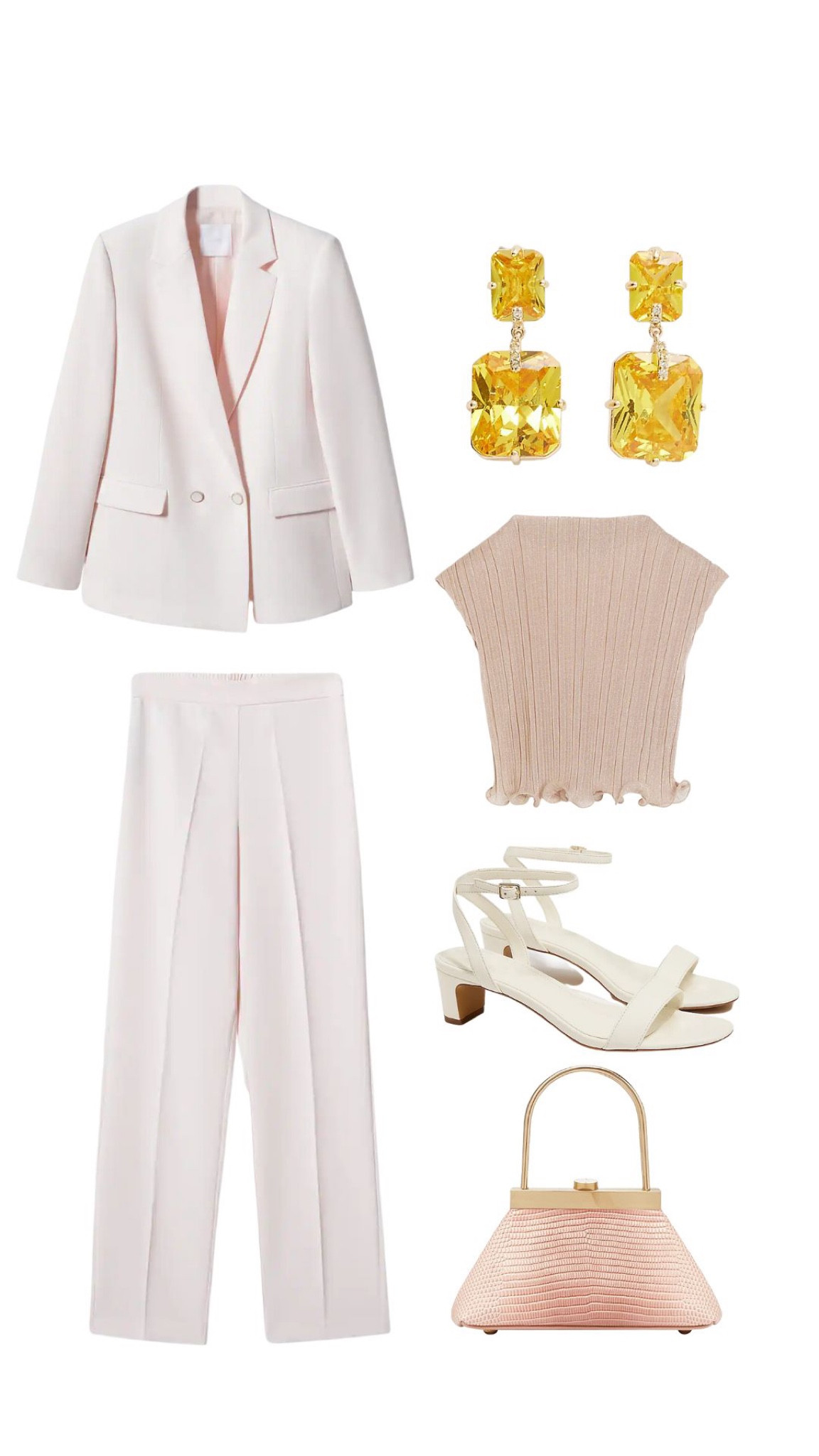 Blush // canary // diamond earrings // mango // office // city // pant suit // suit set /: white kitten heels // pink purse gold // triangle purse /: sparkle shimmer pink top 

#LTKworkwear #LTKunder50 #LTKunder100