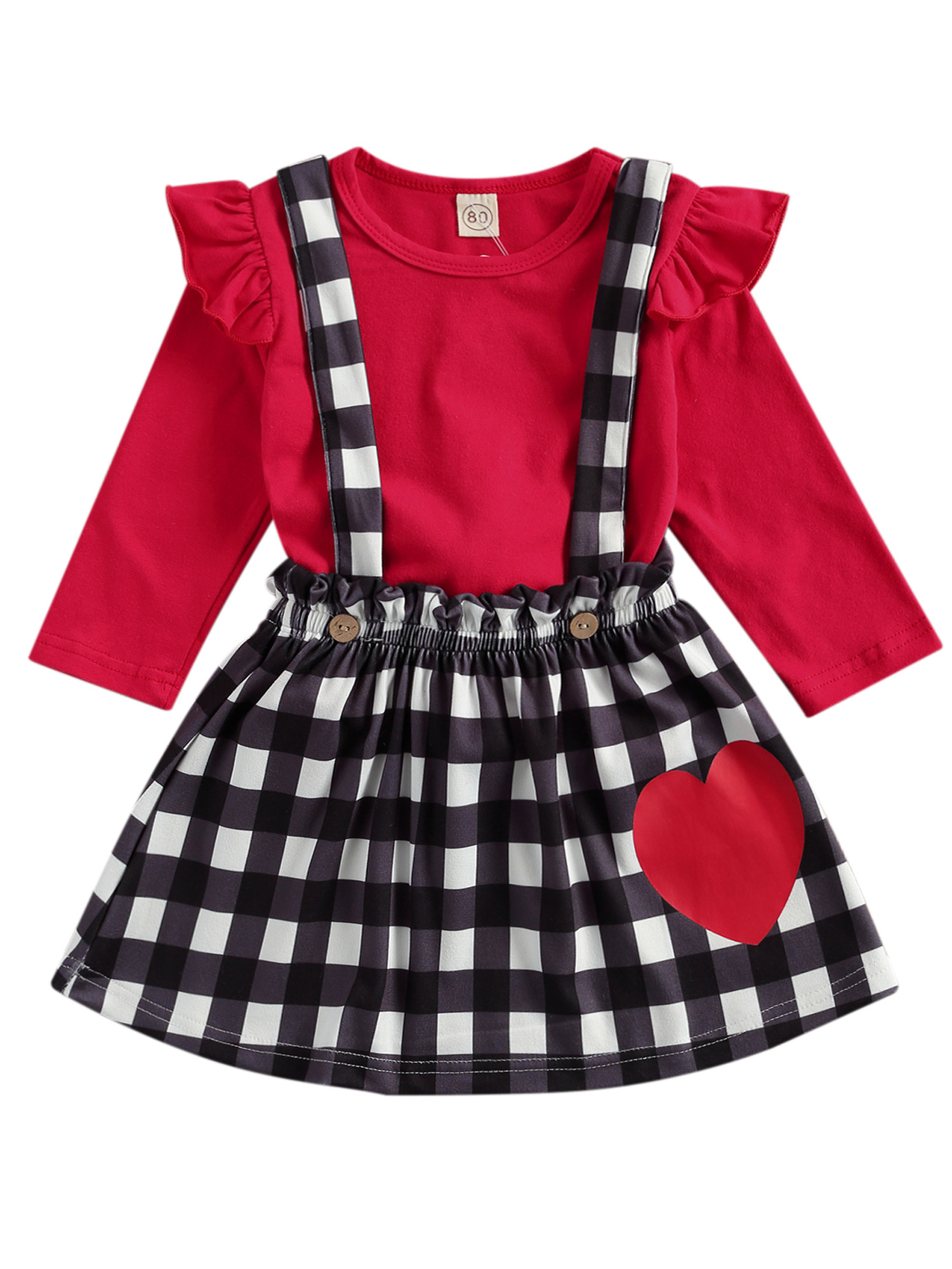 Aunavey Toddler Baby Girl Valentines Day Clothes Heart Print Top Plaid Suspender Skirt 2pcs Outfi... | Walmart (US)