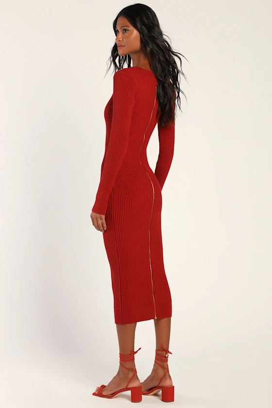 Everyday Beauty Rust Red Long Sleeve Ribbed Knit Sweater Dress | Lulus (US)