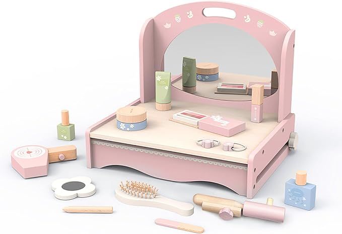Wooden Vanity Table Toy for Little Girls, Kids Beauty Salon Play Set with Accessories 15 pcs, Pre... | Amazon (US)