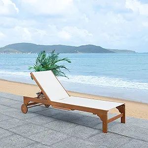 SAFAVIEH Outdoor Collection Ralden Natural Brown Solid Wood/Beige Fabric Adjustable Chaise Lounge... | Amazon (US)