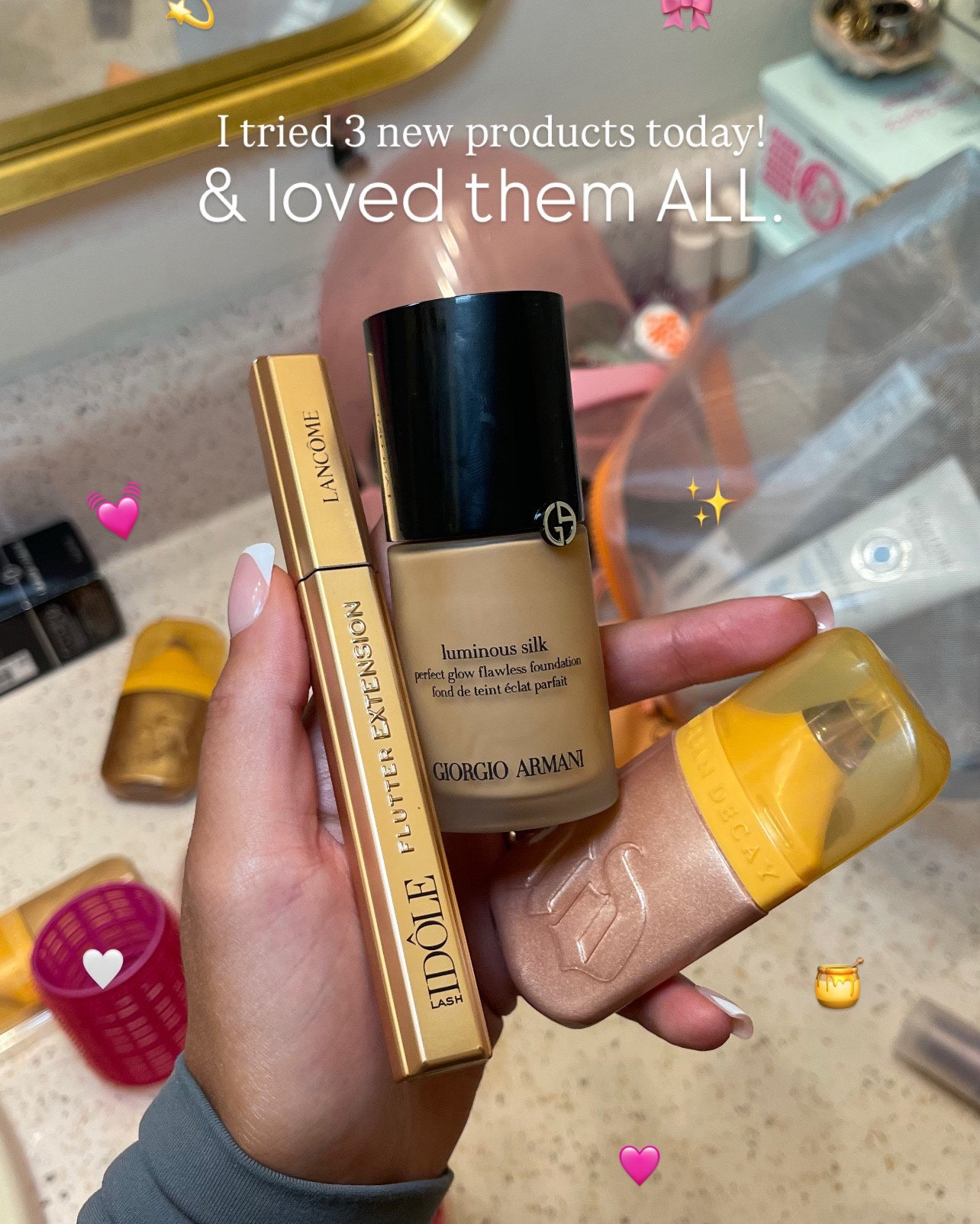 Tried some new makeup that I received in PR this past month! 💓✨🎀 absolutely loved all 3!!

|| makeup favs, spring makeup products, spring makeup, summer makeup, liquid highlight, lengthening mascara, dewy foundation, light coverage foundation, Giorgio Armani luminous silk foundation, Lancome flutter lash extensions mascara, urban decay face bond luminizer 