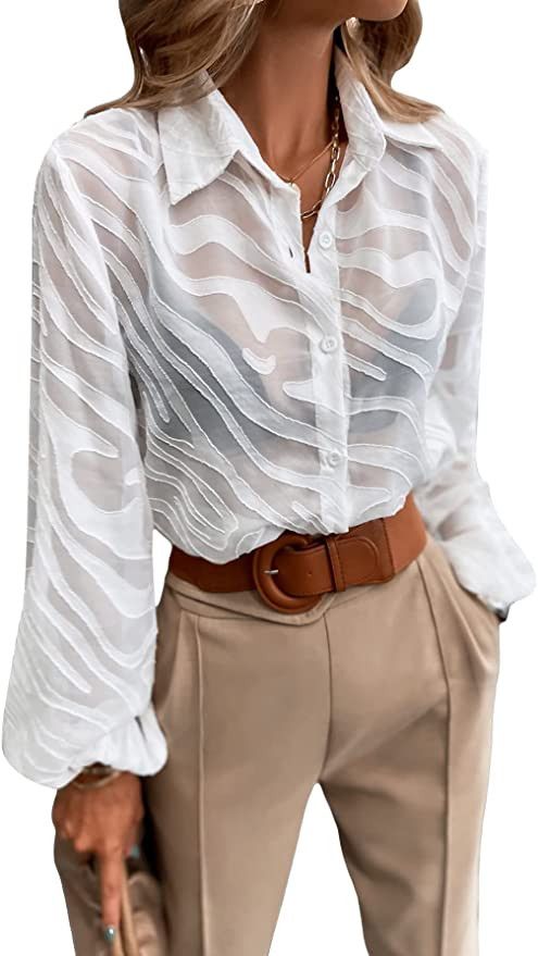 MakeMeChic Women's Sheer Blouse Lantern Sleeve See Through Button Down Shirt Top | Amazon (US)