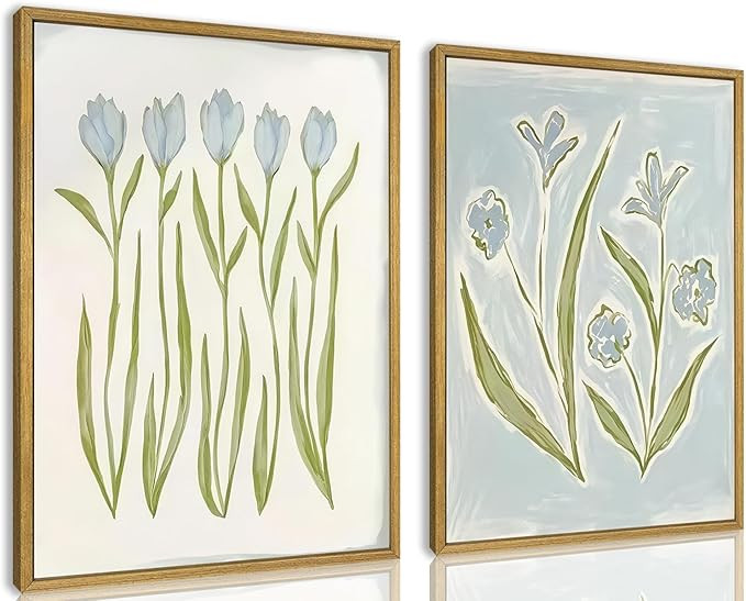 Blue Tulip Flower Wall Art Set of 2, Watercolor Floral Preppy Canvas Poster Prints, Modern Botani... | Amazon (US)