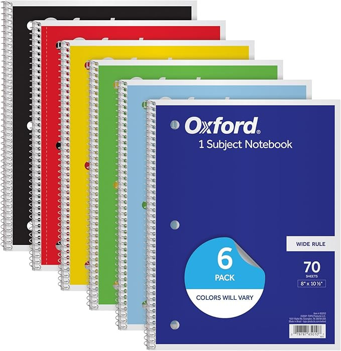 Oxford Spiral Notebook, 6 Pack, 1 Subject, Wide Ruled Paper, Notebooks for School, 8 x 10.5 Inche... | Amazon (US)