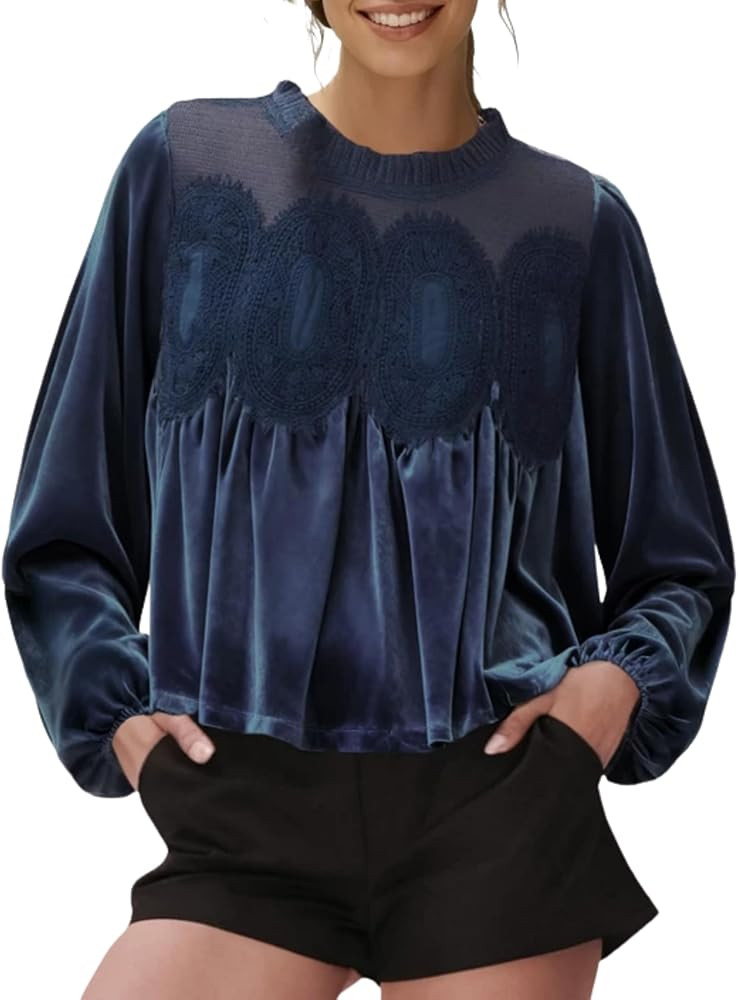 Gozoloma Women's Long Sleeve Velvet Trim Lace Blouse Elegant Flared Swing Top Round Neck Blouse C... | Amazon (US)