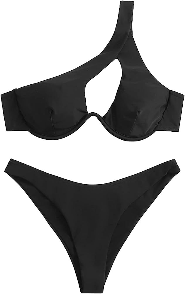 SheIn Women's Cutout One Shoulder Bikini Swimsuit Set Padded Two Piece Swimsuits Bathing Suit | Amazon (US)