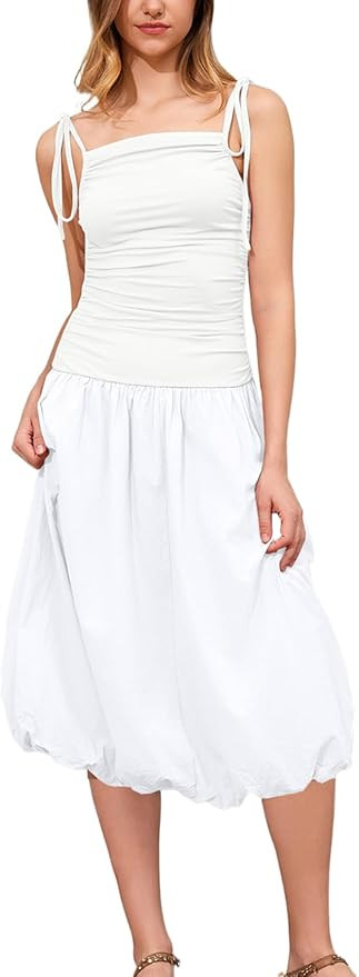 Women Sleeveless Summer Dress Square Neck Ruched Midi Dress Bubble Hem Adjustable Straps Vacation... | Amazon (US)