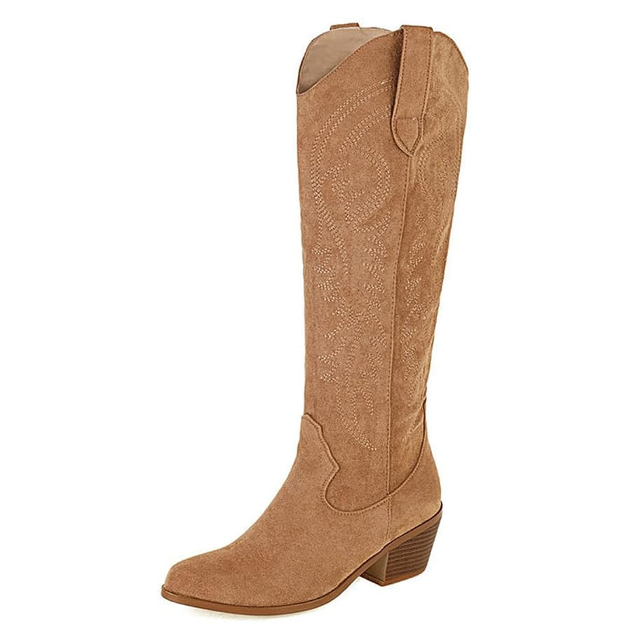 Ciuyurra Women Western Boots Knee High Embroidery Butterfly Cowboy Boots Chunky Heels Round Toe | Amazon (US)