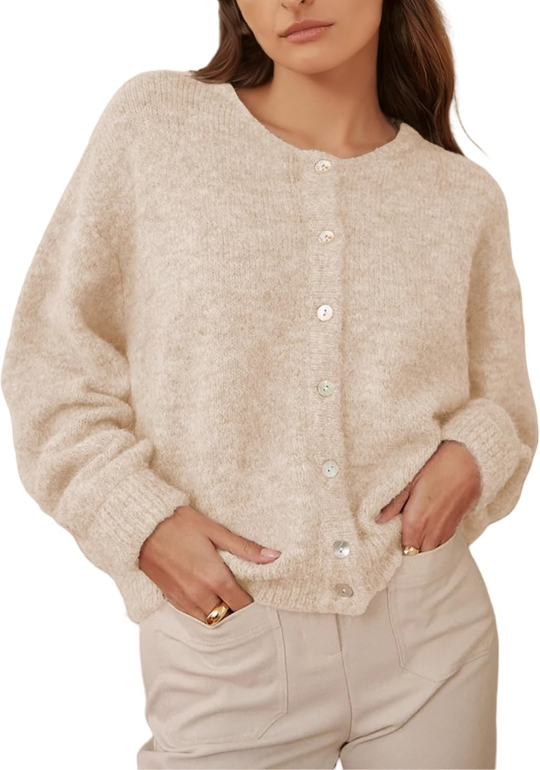 Womens Cardigan Sweater Front Button Loose Y2k Long Sleeve Crewneck | Amazon (US)