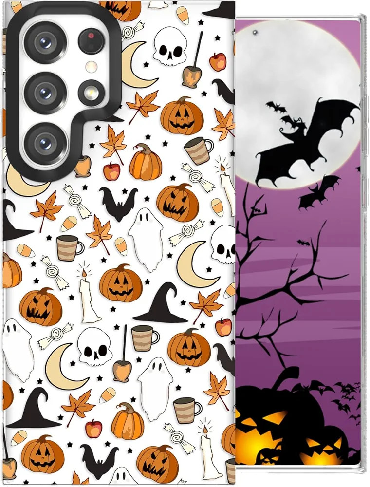 Halloween Phone Case for Samsung Galaxy S23 Ultra with Skull Bat Pumpkin Pattern Designed Anti-Yellowing Clear Soft TPU + Black Camera Frame Protection Anti-Scratch Shockproof Phone Cover | Amazon (US)