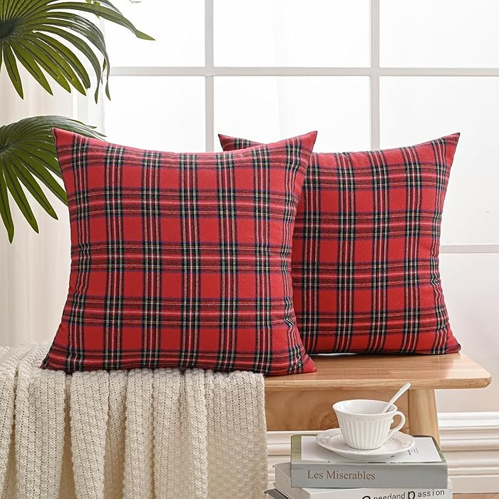 Volcanics Christmas Scottish Tartan Plaid Throw Pillow Covers 18x18 Set of 2, Red and Green Farmh... | Amazon (US)