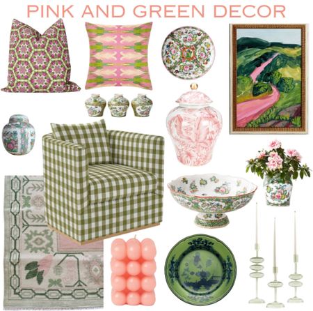 Pink and green decor. Throw pillows. Rose Medallion. Famille rose. Plate wall. Art print. Painting. Swivel chair. Gingham. Oushak rug. Ginger jar. Bowl. Taper candle holder. Bubble candle. Valentines Day  

#LTKGiftGuide #LTKSeasonal #LTKhome
