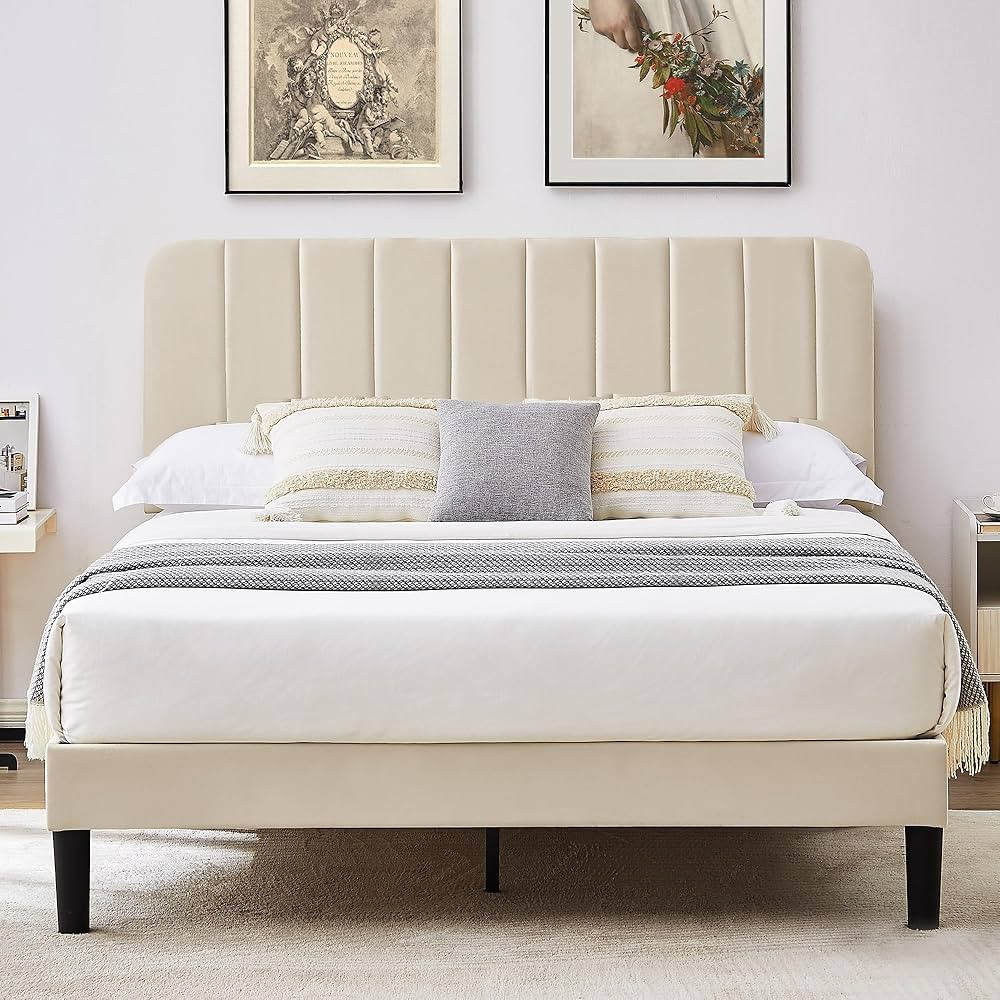 VECELO Queen Size Upholstered Bed Frame with Adjustable Headboard, Velvet Platform Bedframe Mattr... | Amazon (US)