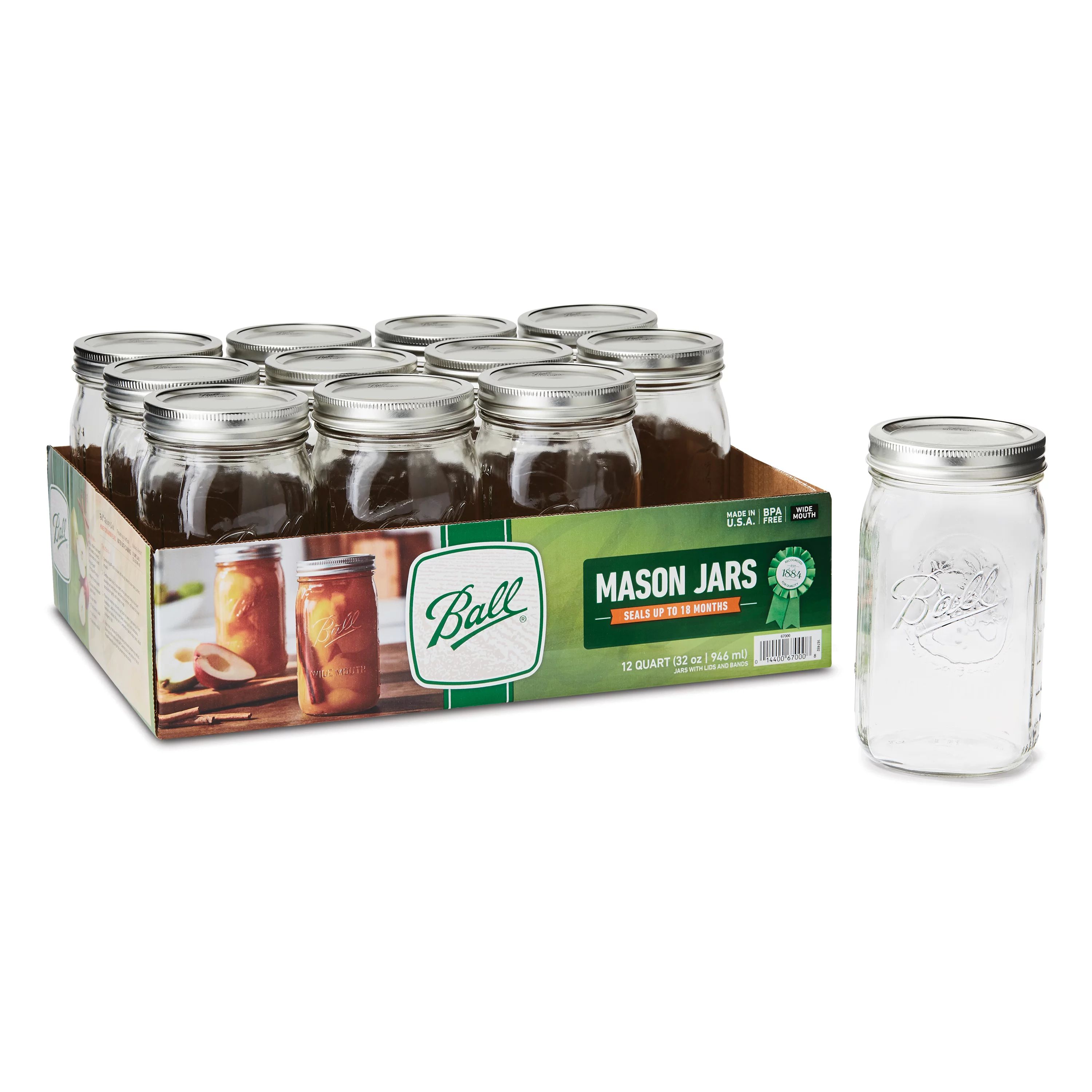 Ball, Glass Mason Jars with Lids & Bands, Wide Mouth, 32 oz, 12 Count - Walmart.com | Walmart (US)