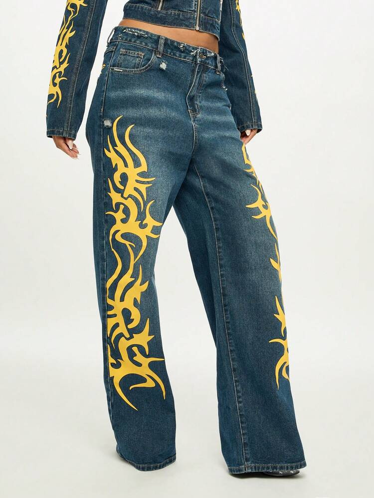 SUMWON Plus Size High Rise Wide Leg Flame Print Jeans With Yellow Graphics Distressed Denim Pants... | SHEIN