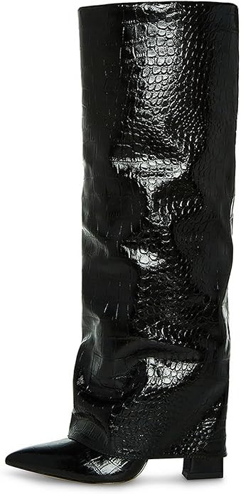 Modatope Knee High Boots Women Fold Over Knee High Boots Chunky High Heels Long Boots Zipper Poin... | Amazon (US)