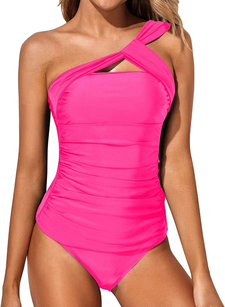 Tempt Me Women Tankini Ruched One Shoulder Tummy Control Top with Shorts Two Piece Swimsuits | Amazon (US)