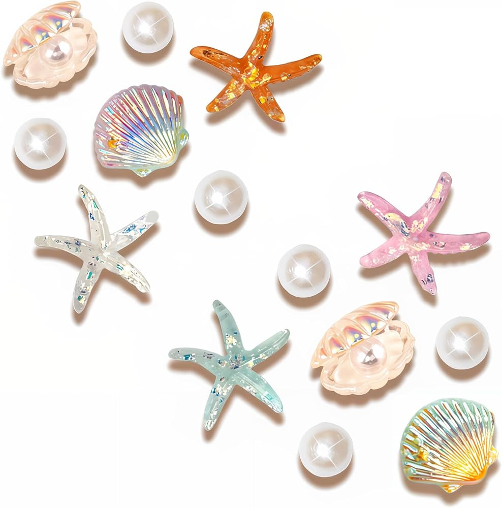 Ocean Theme Shoe Charms Set \u2013 Starfish and Seashell Resin Charms with Pearls, Beach Style Ac... | Amazon (US)