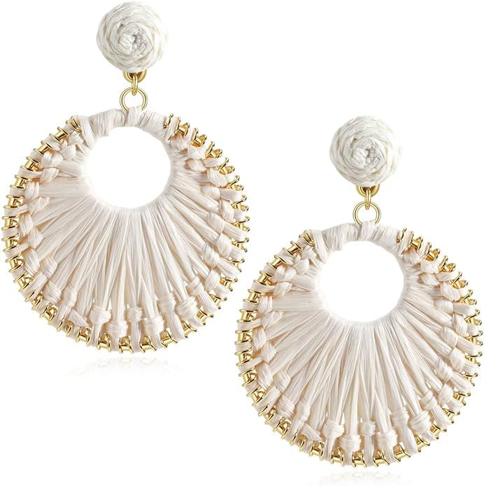 Statement Raffia Earrings for Women Girls - Boho Raffia Rattan Round Drop Earrings - Trendy Summe... | Amazon (US)
