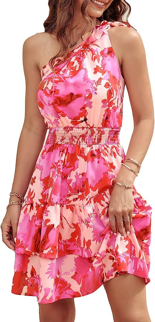 PRETTYGARDEN Women's Summer Tie One Shoulder Boho Floral Dress Elastic Waist Tiered Ruffle A Line Fl | Amazon (US)