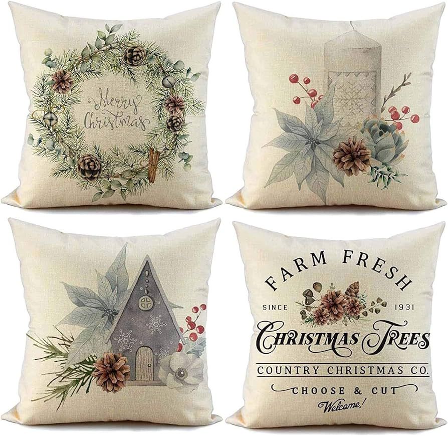 FIBEROMANCE Christmas Pillow Covers 18x18 inch Set of 4 Candi Garland Farmhouse Decorative Throw ... | Amazon (US)