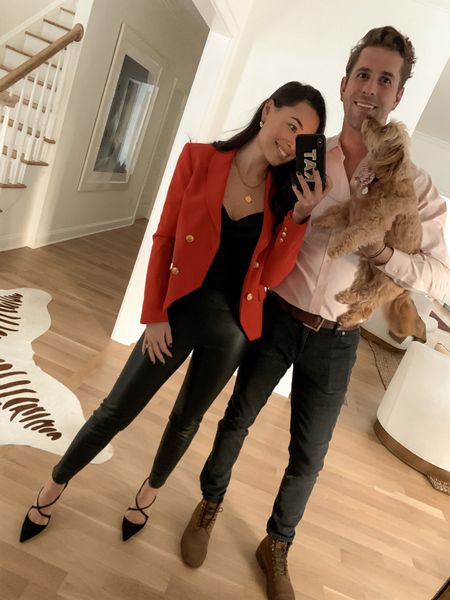 Kat Jamieson of With Love From Kat wears a red double breasted blazer and faux leather leggings. Holiday style, red blazer, date night, classic style.

#LTKstyletip #LTKSeasonal