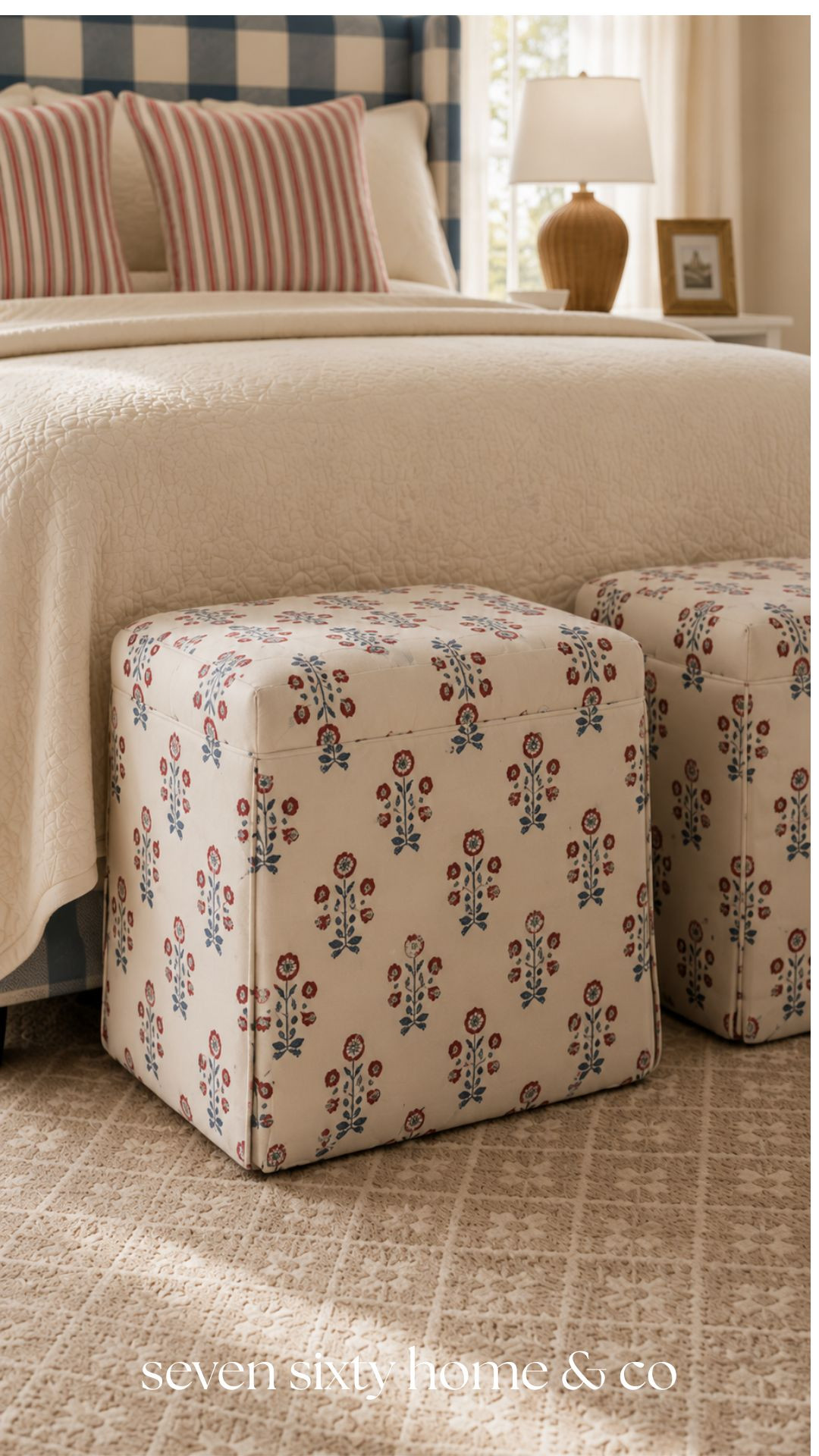 Block print is having a moment—and it's one of the easiest ways to add character without overwhelming a room. These upholstered ottomans bring just the right amount of patriotic color for summer while feeling timeless enough to leave out year-round. Shop the complete bedroom edit. 

 #LTKSeasonal #LTKHome #LTKSaleAlert