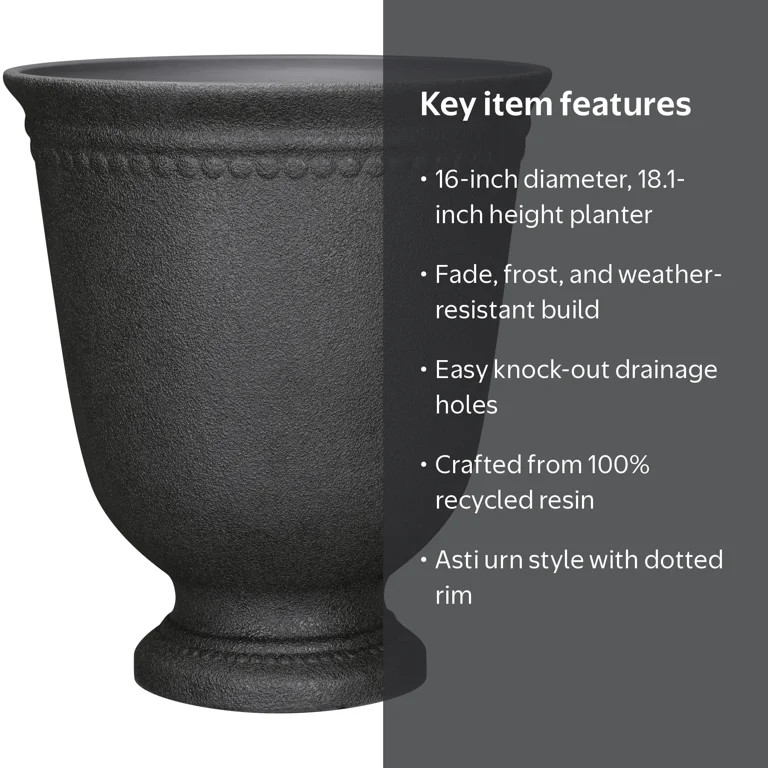 My Texas House Asti Urn Planter, 16 Inch Diameter x 18.1 Inch Height, Black, 100% Recycled Resin | Walmart (US)