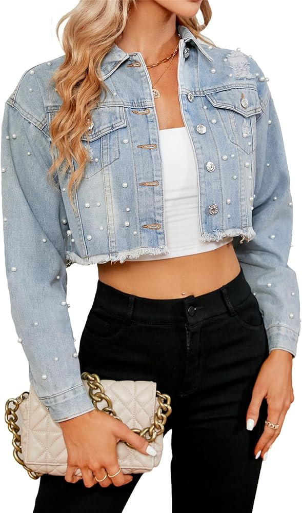 Women Cropped Rhinestones Denim Jacket Long Sleeve Distressed Pearl Jean Jacket Coats | Amazon (US)