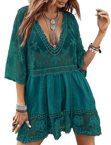 Eomenie Women's Contrast Lace Bathing Suit Cover Up V-Neck Swimsuit Coverups Loose Swimwear Beach... | Amazon (US)