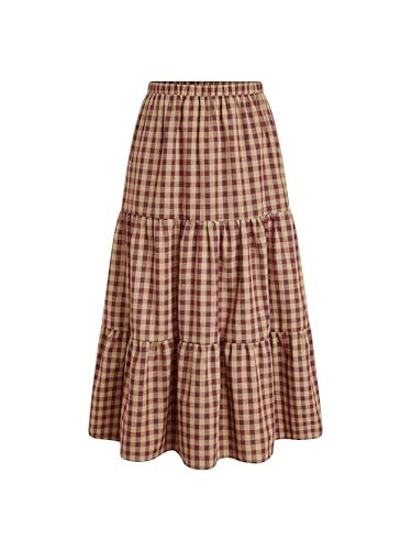 CIDER Gingham Tiered Maxi Skirt Long Skirts for Women A Line High Waist Flowy Skirt Casual Woven Midi Skirt Wine | Amazon (US)