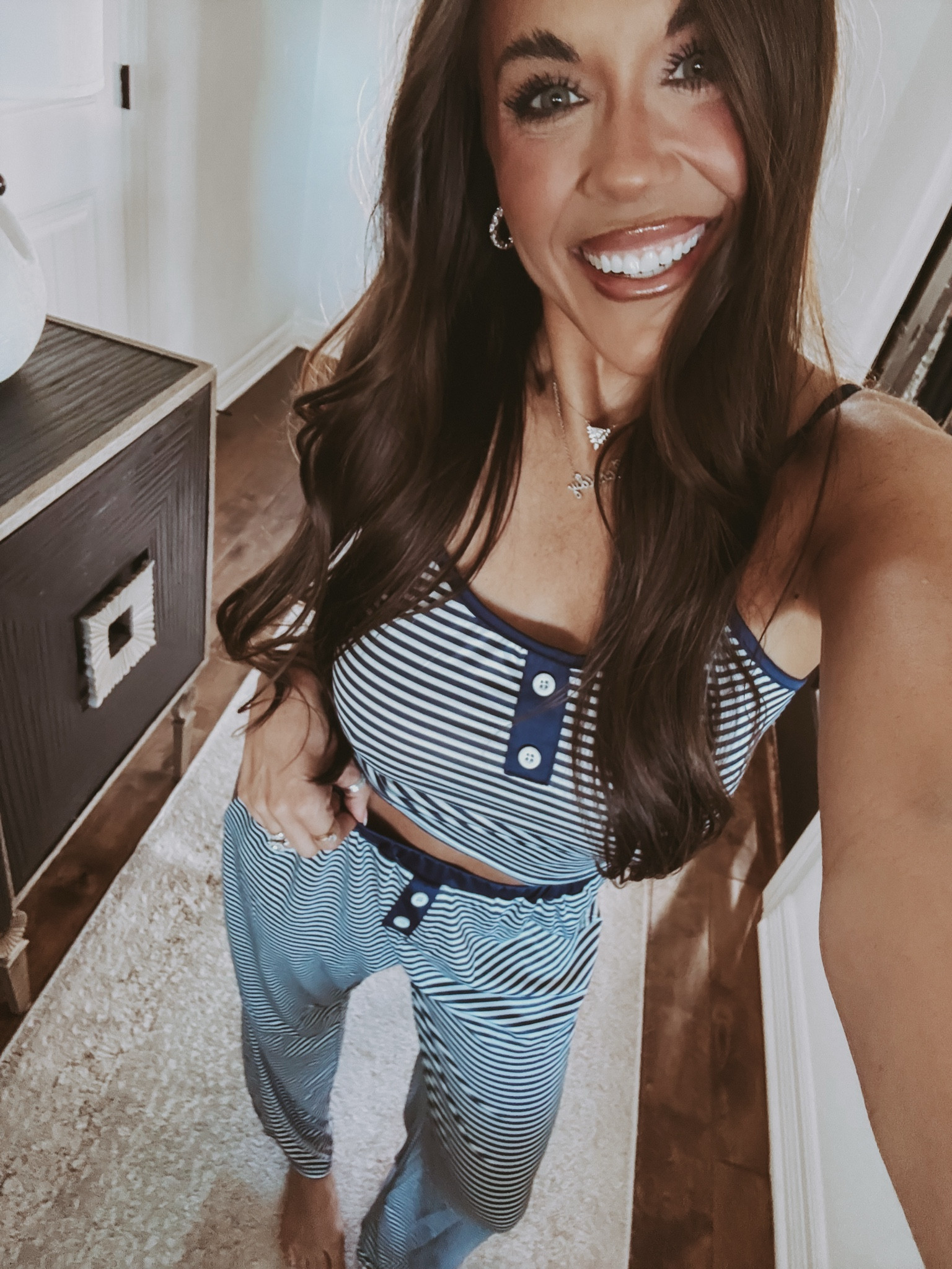 Chilling in this comfy striped lounge set (S). Perfect for relaxing at home.