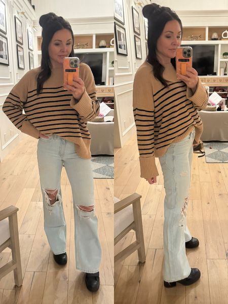 Ok these jeans are so good- no stretch though so possibly size up 1 size. Lots of color options. 
Oversized barefoot dreams like sweater 
Converse chunky heel bootts